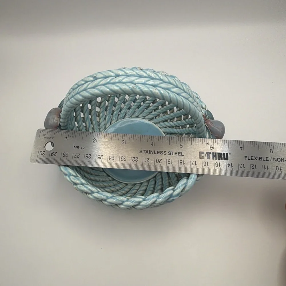 Vtg Spain Woven Ceramic Basket Aqua Blue Applied Fruit Floral Accents